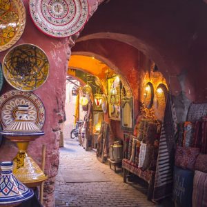 The souks in the medina of Marrakech are a made of a labyrinth of alleyways lined with traders and shops selling traditional arts and crafts.